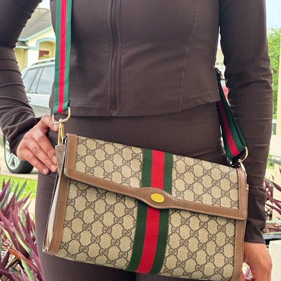 Vintage Gucci Sherry Line Web Converted Canvas/Leather Bag Clutch To Crossbody - Picture 1 of 13